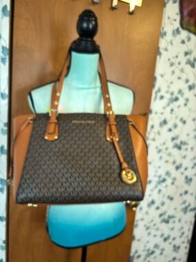 Michael Kors Brown Logo Tote with Tan Trim and Gold Hardware
